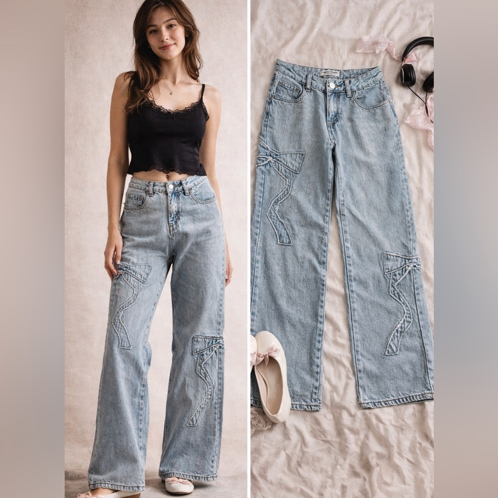 Ashley Mason Wide Leg Bow Jeans 00/23 Y2K Coquette Light Wash Denim Soft Grunge‎